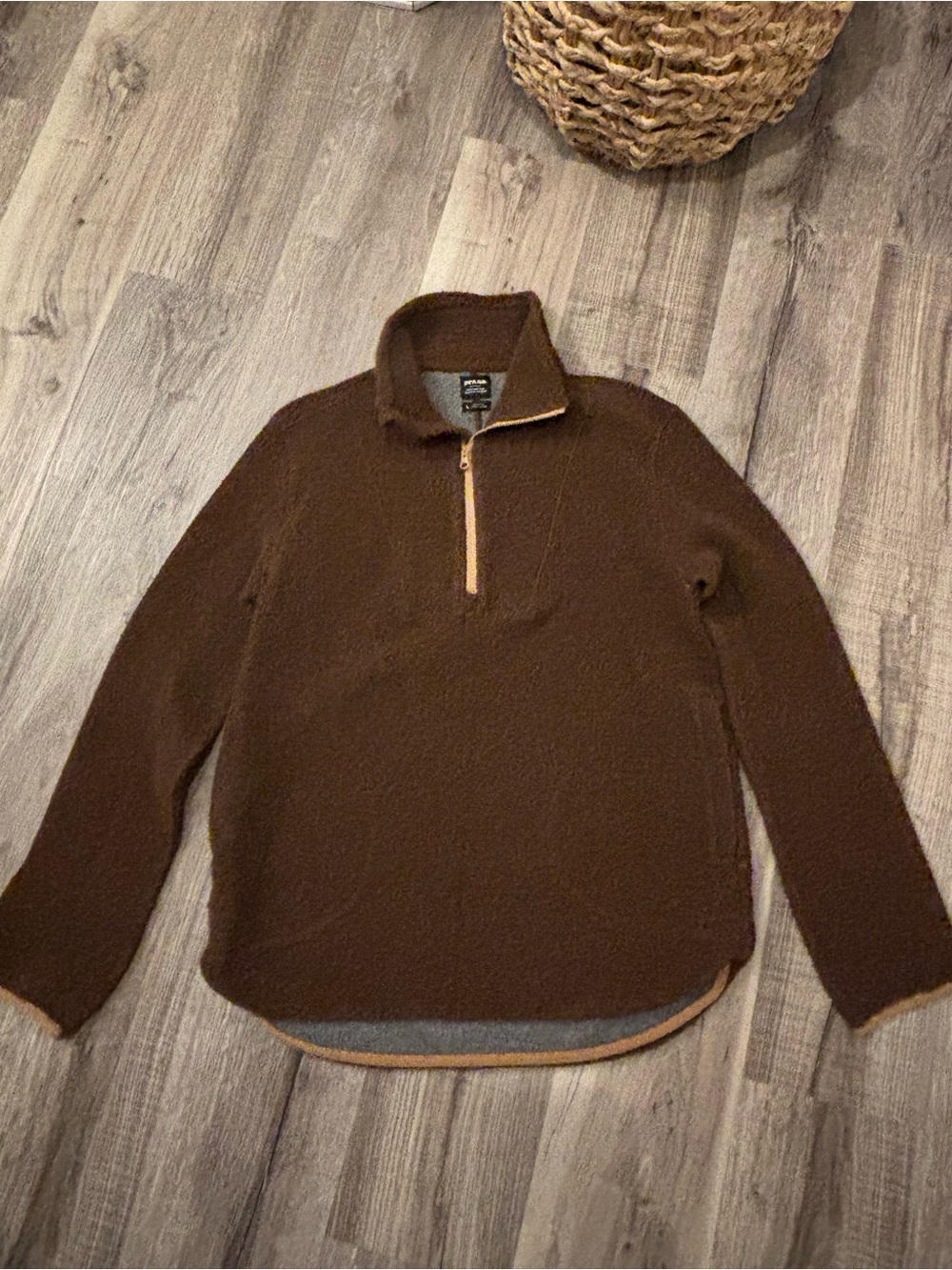 Prana Brown Zip-Up Sherpa Pullover with Tan Trim